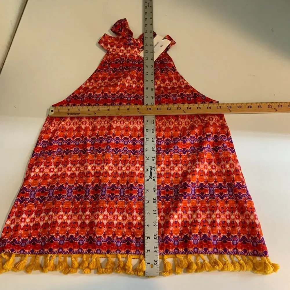 THML Top Womens S Small Red Orange Multi Halter Big Bow Tie Back Tassels Hem
